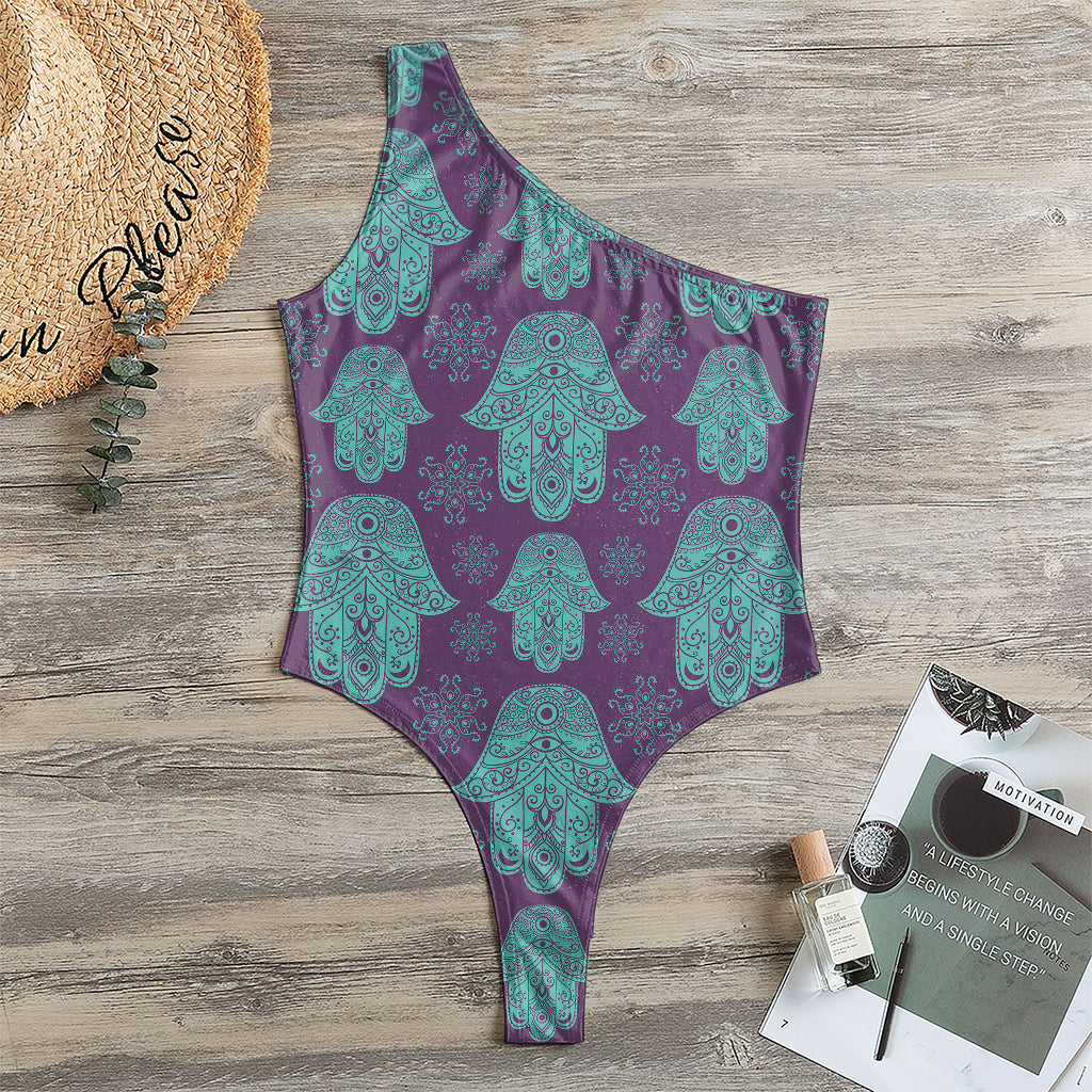 Turquoise Hamsa Pattern Print One Shoulder Bodysuit