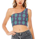 Turquoise Hamsa Pattern Print One Shoulder Crop Top
