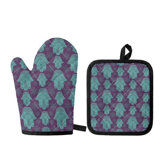 Turquoise Hamsa Pattern Print Oven Mitt And Pot Holder Set