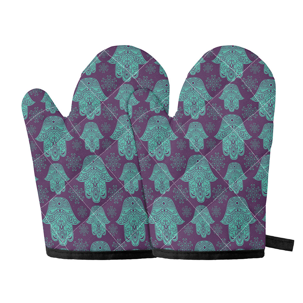 Turquoise Hamsa Pattern Print Oven Mitts