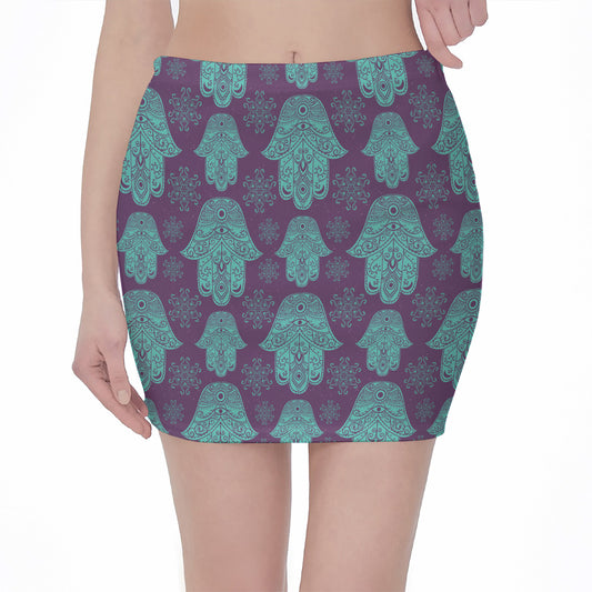 Turquoise Hamsa Pattern Print Pencil Mini Skirt