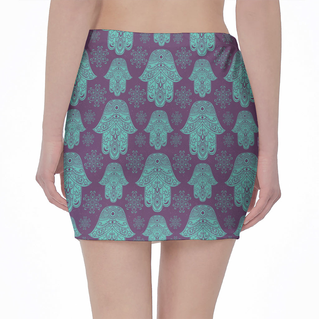 Turquoise Hamsa Pattern Print Pencil Mini Skirt