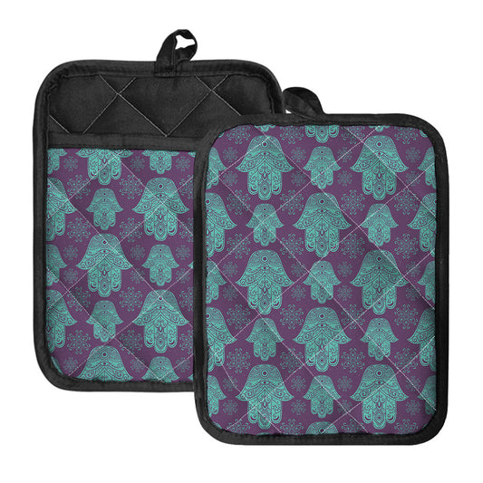 Turquoise Hamsa Pattern Print Pot Holders With Pocket
