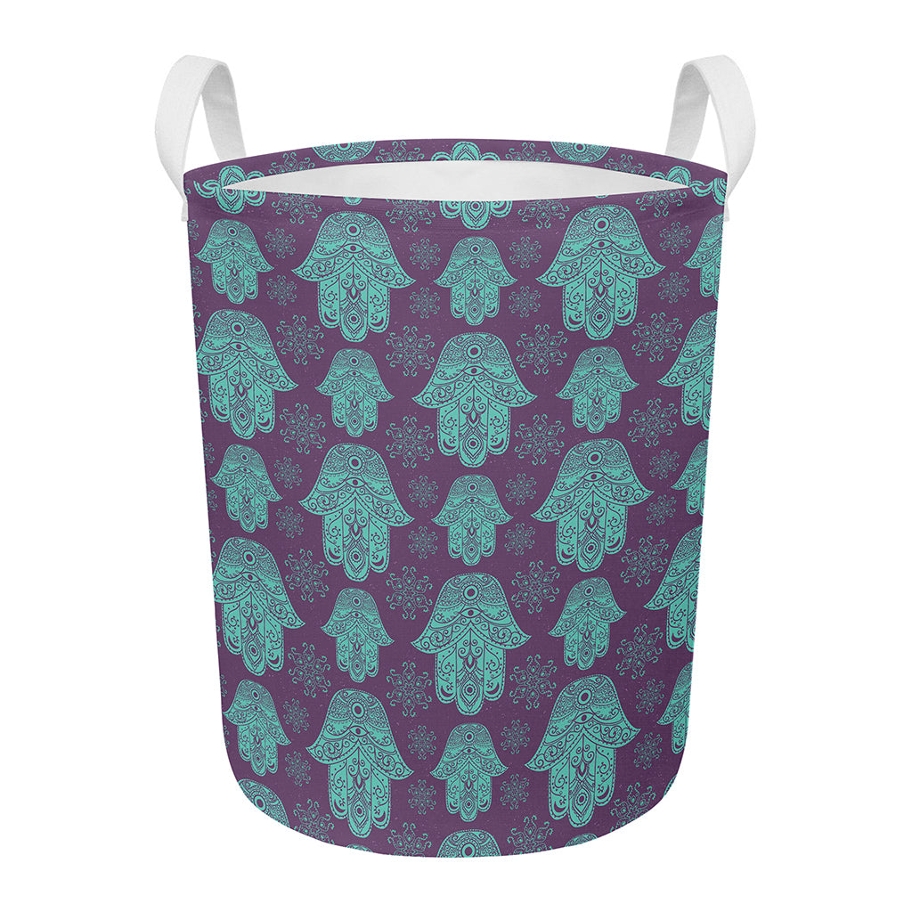 Turquoise Hamsa Pattern Print Round Laundry Basket