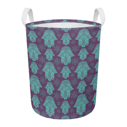 Turquoise Hamsa Pattern Print Round Laundry Basket