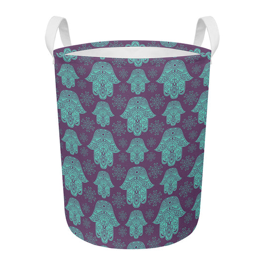 Turquoise Hamsa Pattern Print Round Laundry Basket