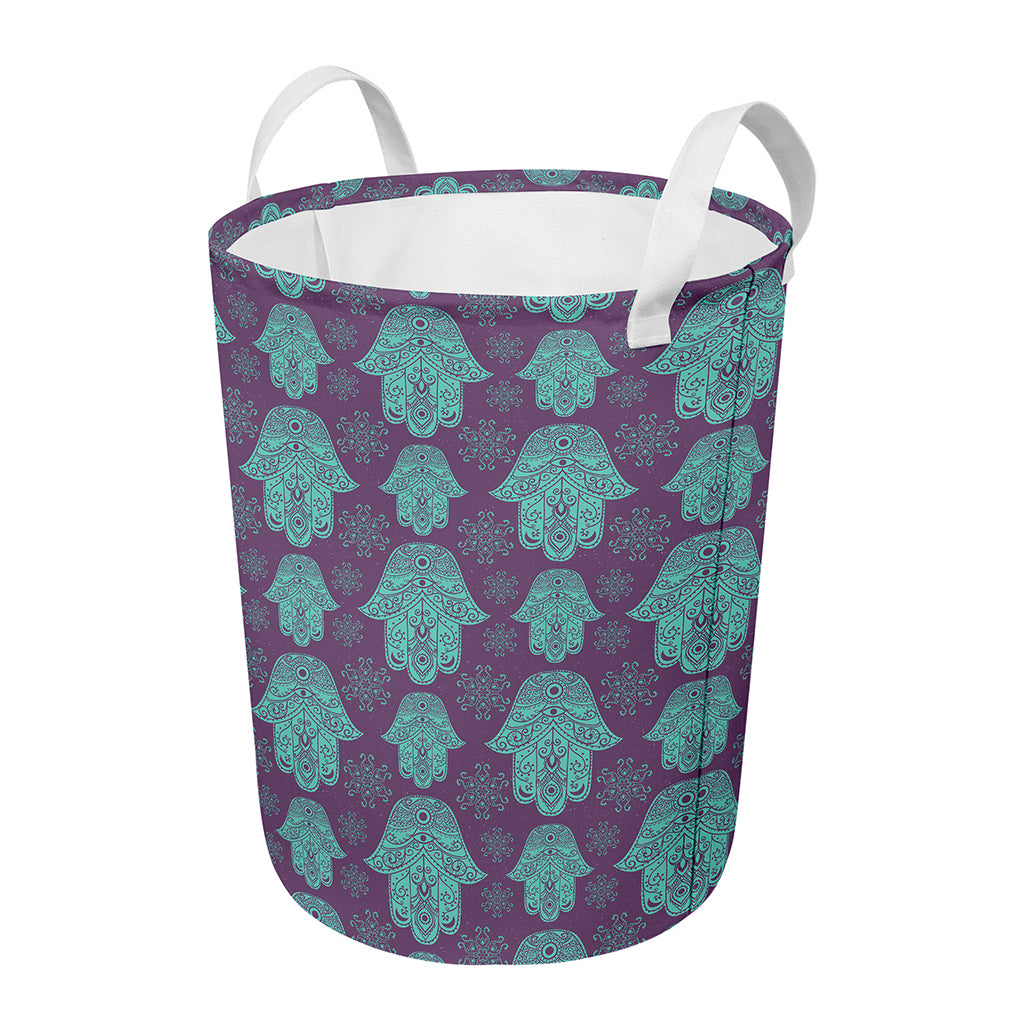 Turquoise Hamsa Pattern Print Round Laundry Basket