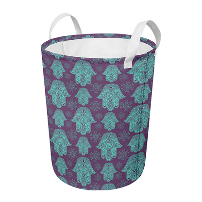 Turquoise Hamsa Pattern Print Round Laundry Basket