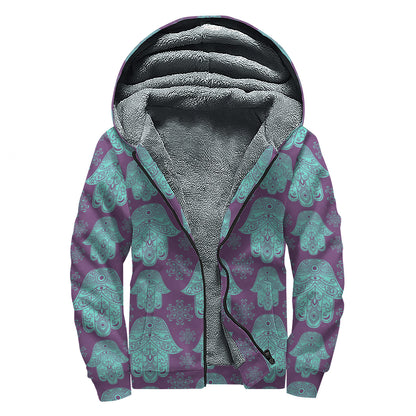 Turquoise Hamsa Pattern Print Sherpa Lined Zip Up Hoodie