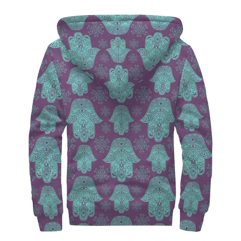 Turquoise Hamsa Pattern Print Sherpa Lined Zip Up Hoodie