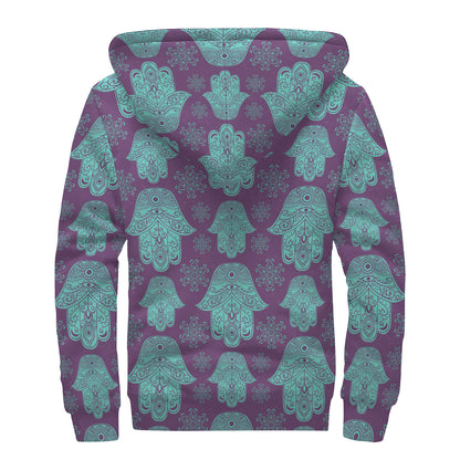 Turquoise Hamsa Pattern Print Sherpa Lined Zip Up Hoodie
