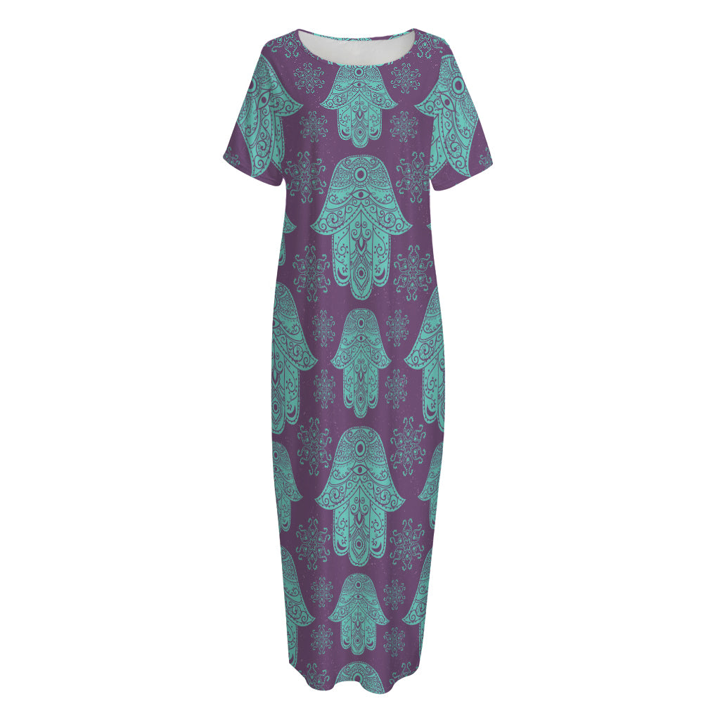 Turquoise Hamsa Pattern Print Short Sleeve Long Nightdress