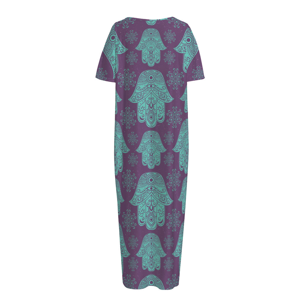 Turquoise Hamsa Pattern Print Short Sleeve Long Nightdress