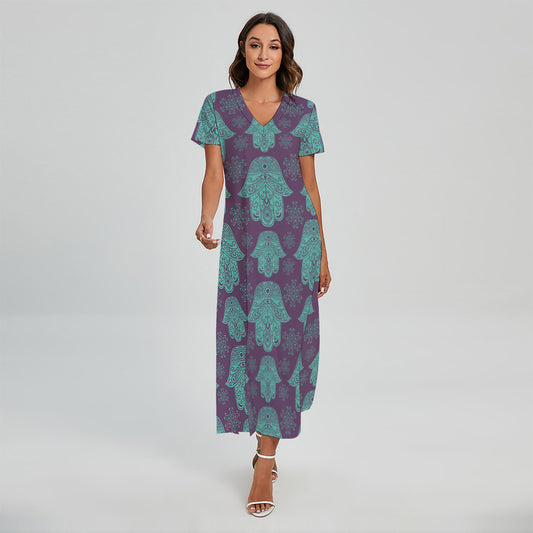 Turquoise Hamsa Pattern Print Short Sleeve Maxi Dress