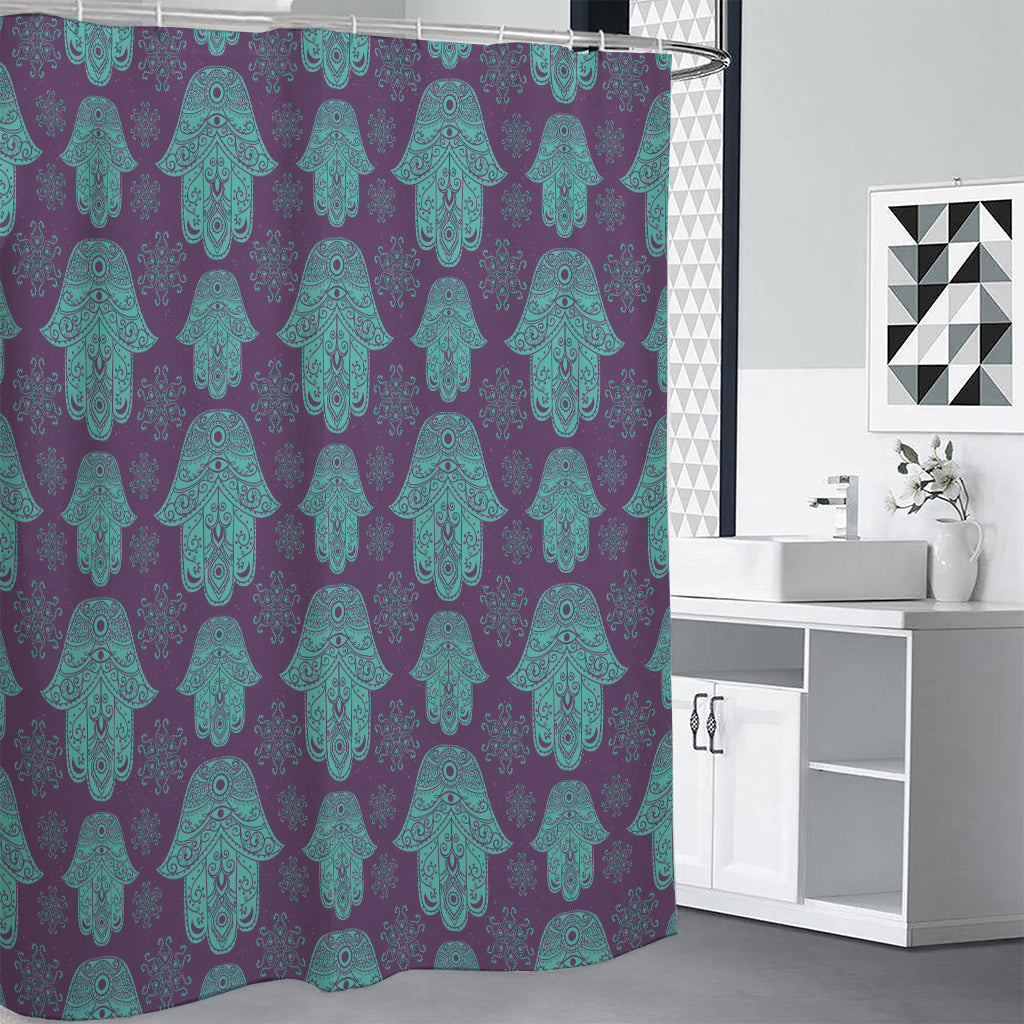 Turquoise Hamsa Pattern Print Shower Curtain