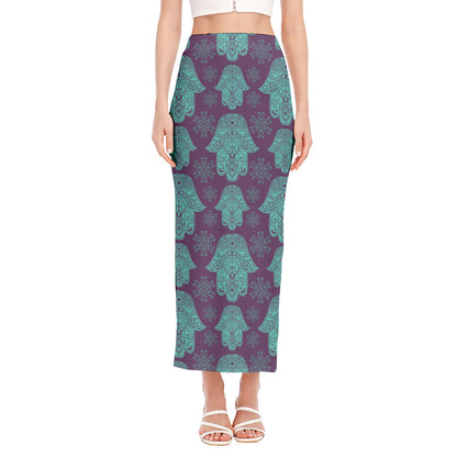 Turquoise Hamsa Pattern Print Side Slit Maxi Skirt