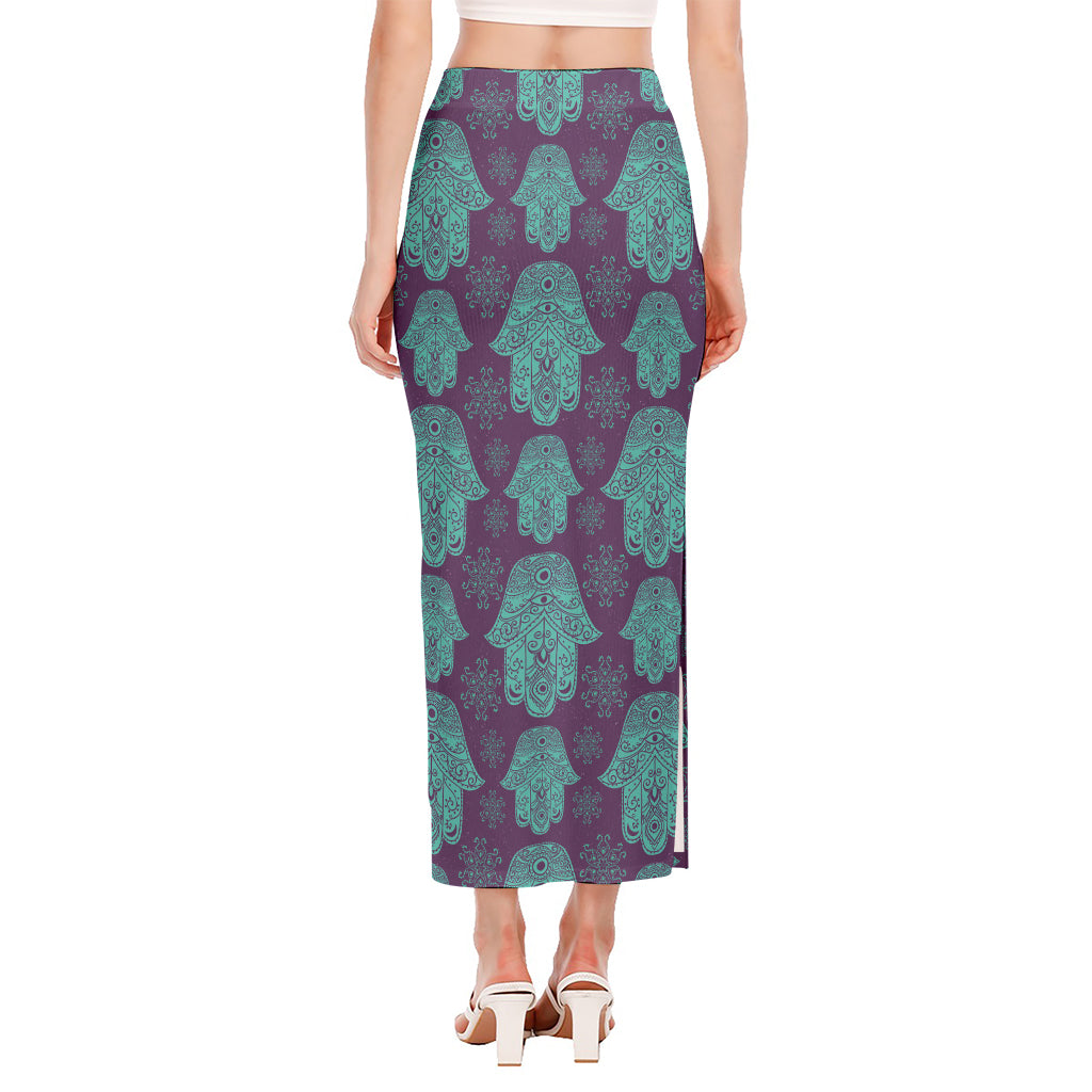 Turquoise Hamsa Pattern Print Side Slit Maxi Skirt