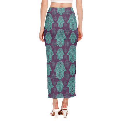 Turquoise Hamsa Pattern Print Side Slit Maxi Skirt