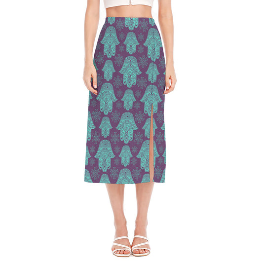 Turquoise Hamsa Pattern Print Side Slit Midi Skirt