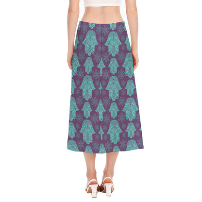 Turquoise Hamsa Pattern Print Side Slit Midi Skirt