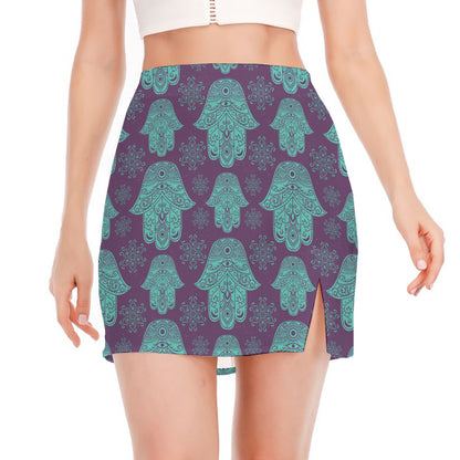Turquoise Hamsa Pattern Print Side Slit Mini Skirt