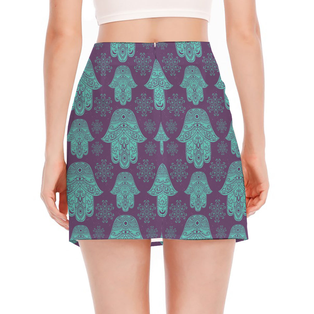 Turquoise Hamsa Pattern Print Side Slit Mini Skirt