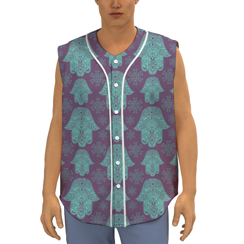 Turquoise Hamsa Pattern Print Sleeveless Baseball Jersey