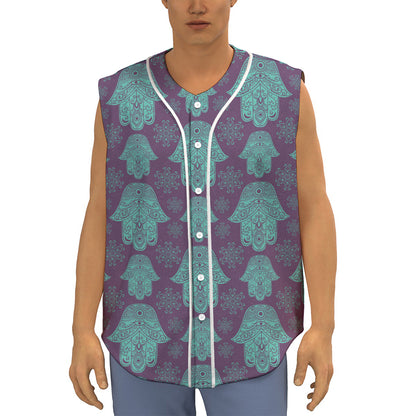 Turquoise Hamsa Pattern Print Sleeveless Baseball Jersey