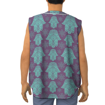 Turquoise Hamsa Pattern Print Sleeveless Baseball Jersey