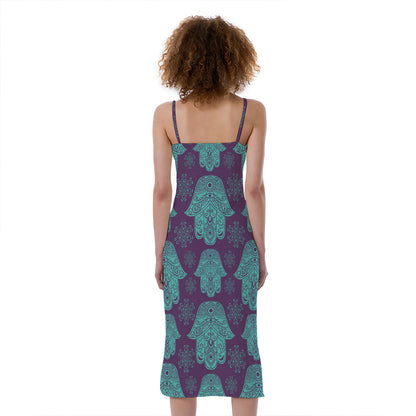 Turquoise Hamsa Pattern Print Slim Fit Midi Cami Dress