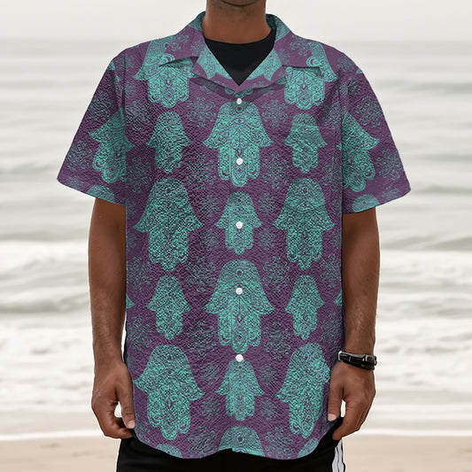 Turquoise Hamsa Pattern Print Textured Short Sleeve Shirt