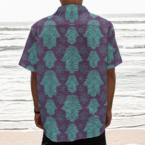 Turquoise Hamsa Pattern Print Textured Short Sleeve Shirt
