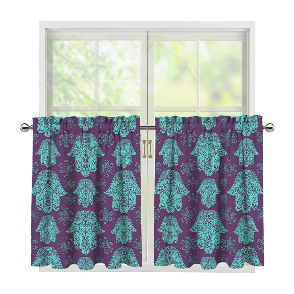 Turquoise Hamsa Pattern Print Tier Curtains