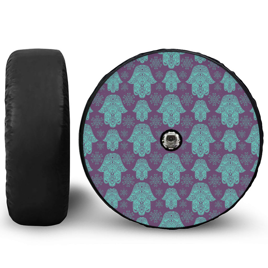 Turquoise Hamsa Pattern Print Tire Cover With Camera Hole