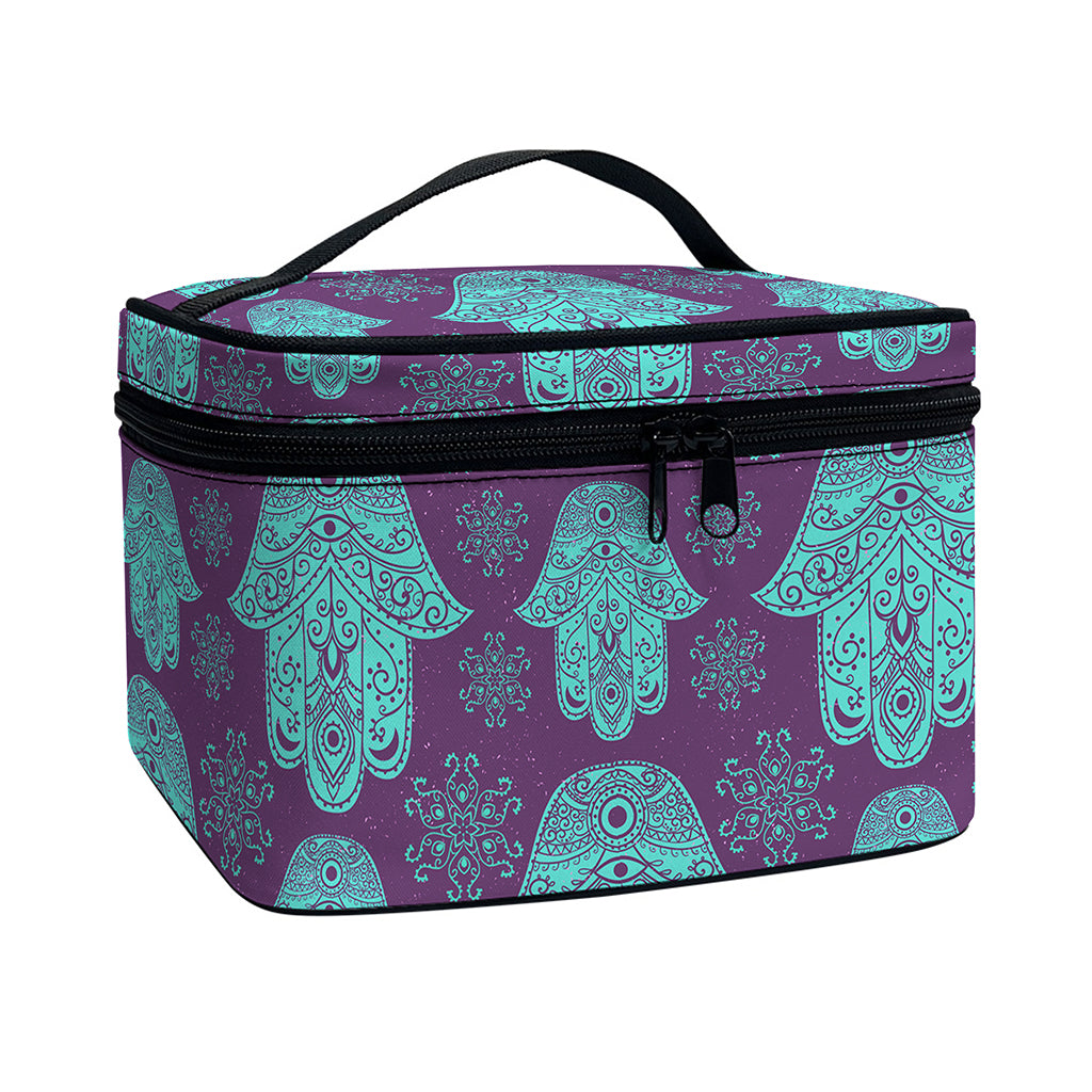 Turquoise Hamsa Pattern Print Travel Makeup Bag