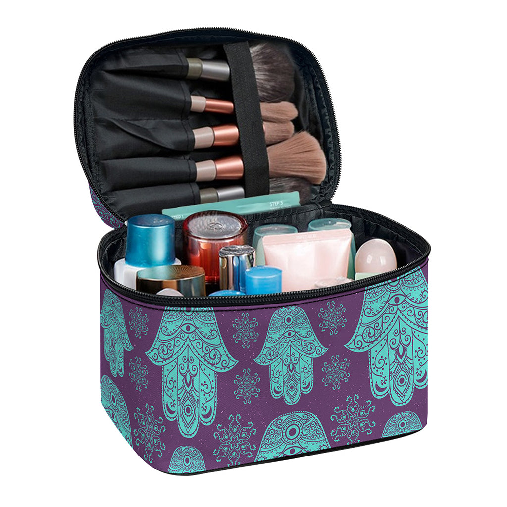Turquoise Hamsa Pattern Print Travel Makeup Bag