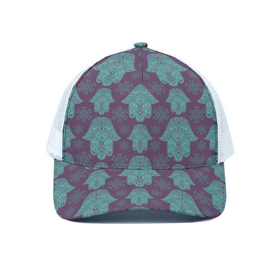 Turquoise Hamsa Pattern Print White Mesh Trucker Cap