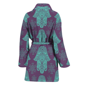 Turquoise Hamsa Pattern Print Women's Bathrobe