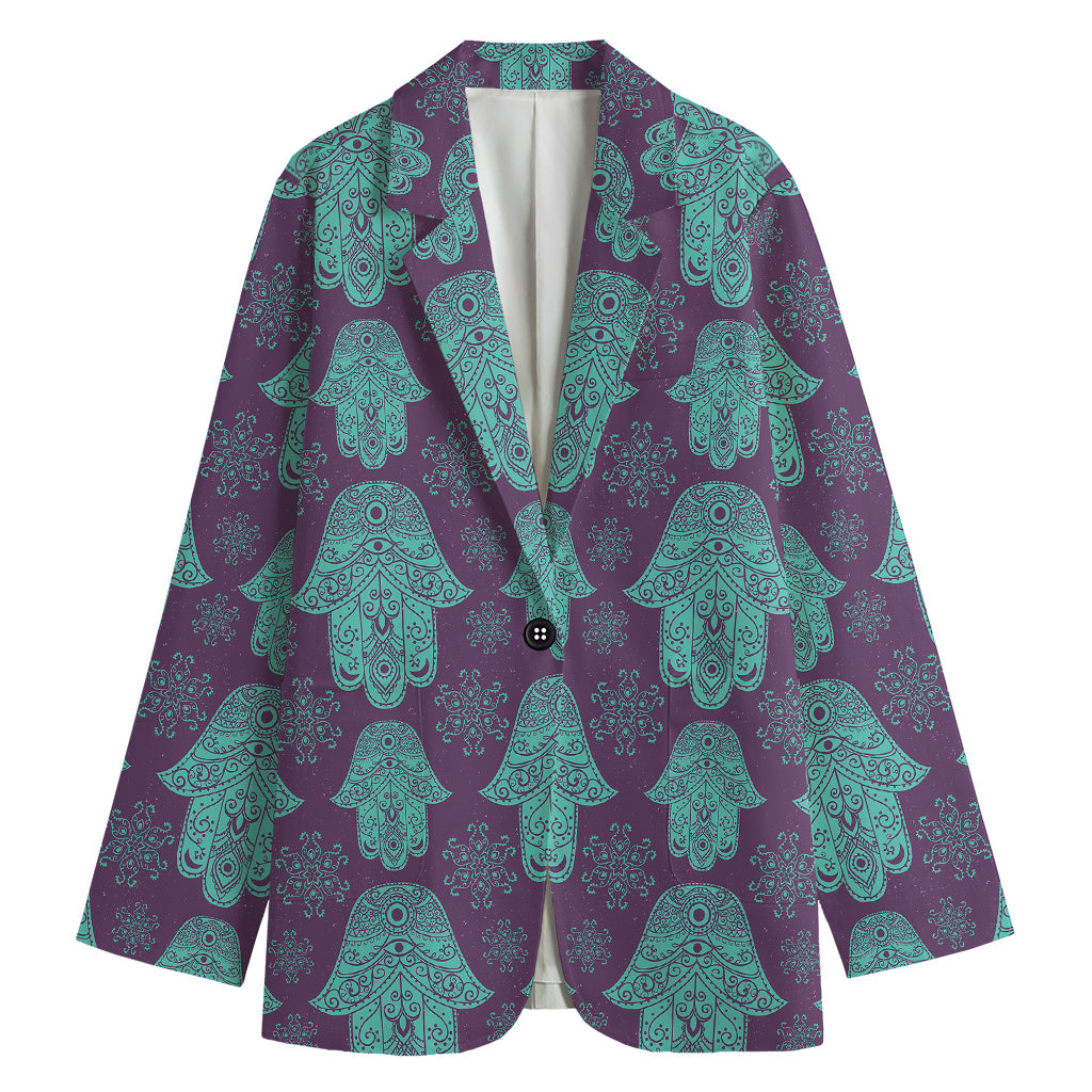 Turquoise Hamsa Pattern Print Women's Blazer