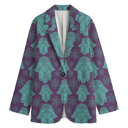 Turquoise Hamsa Pattern Print Women's Blazer