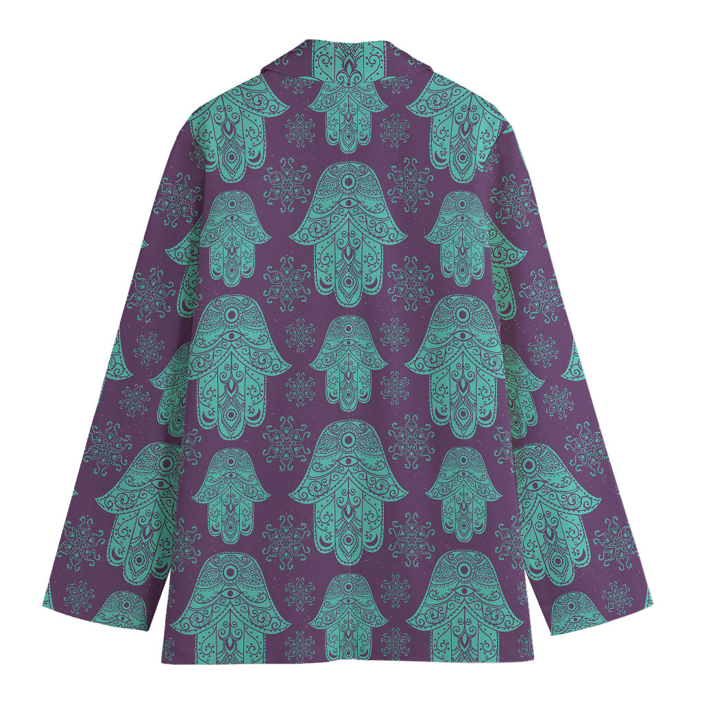 Turquoise Hamsa Pattern Print Women's Blazer