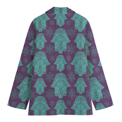 Turquoise Hamsa Pattern Print Women's Blazer