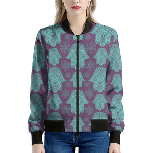 Turquoise Hamsa Pattern Print Women's Bomber Jacket