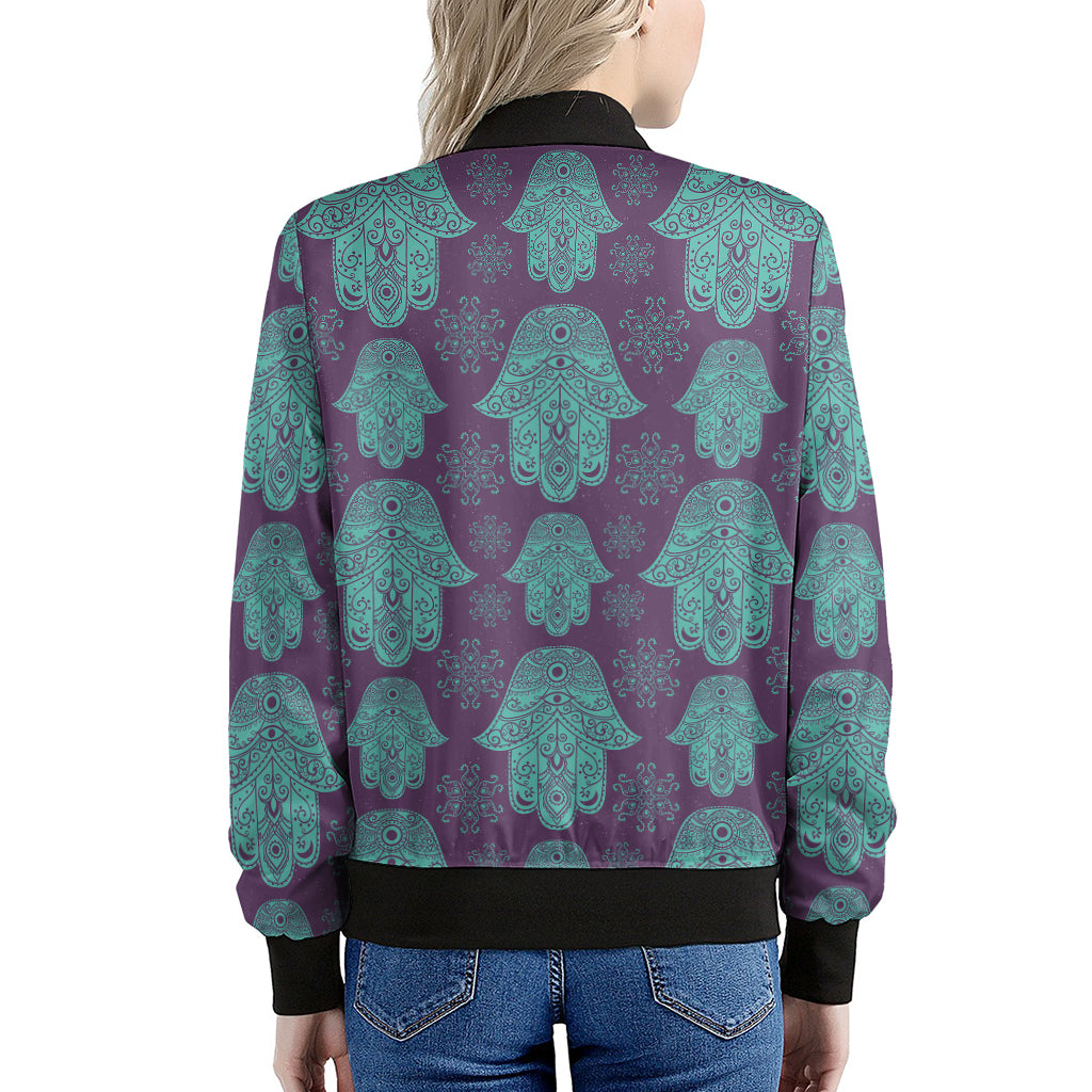 Turquoise Hamsa Pattern Print Women's Bomber Jacket