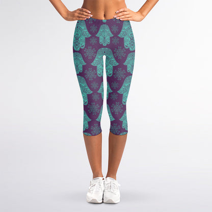 Turquoise Hamsa Pattern Print Women's Capri Leggings