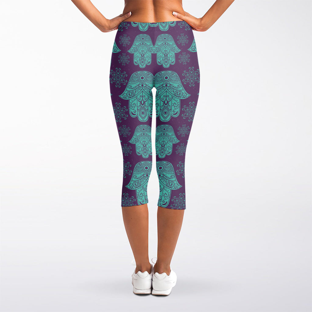 Turquoise Hamsa Pattern Print Women's Capri Leggings