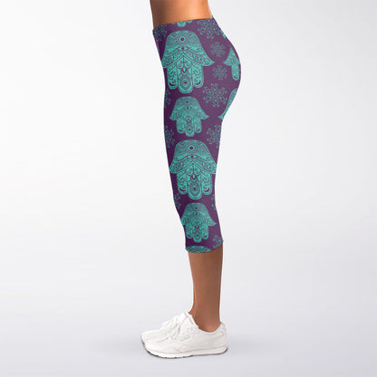 Turquoise Hamsa Pattern Print Women's Capri Leggings