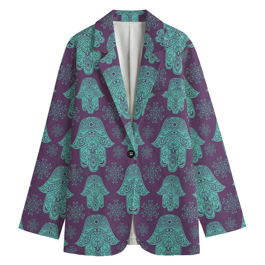 Turquoise Hamsa Pattern Print Women's Cotton Blazer