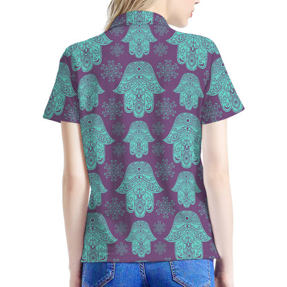 Turquoise Hamsa Pattern Print Women's Polo Shirt