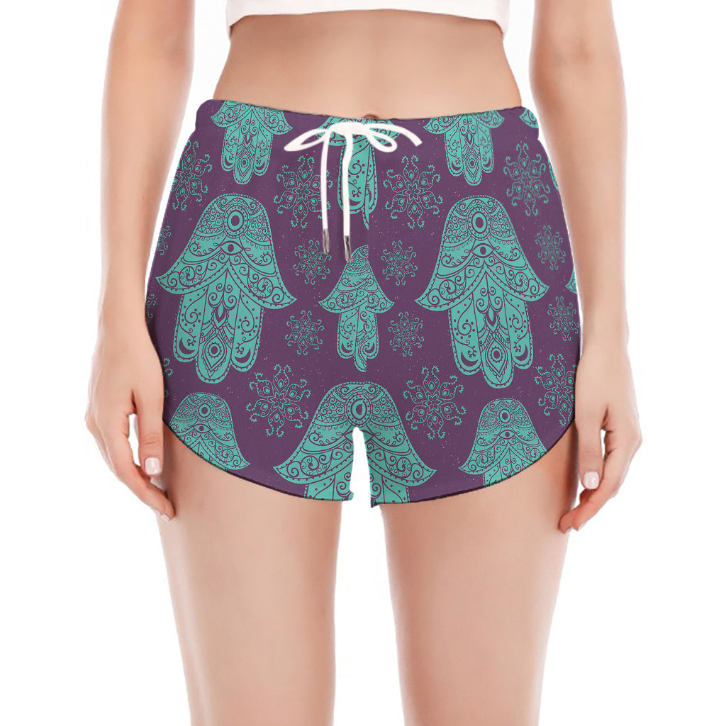 Turquoise Hamsa Pattern Print Women's Split Running Shorts
